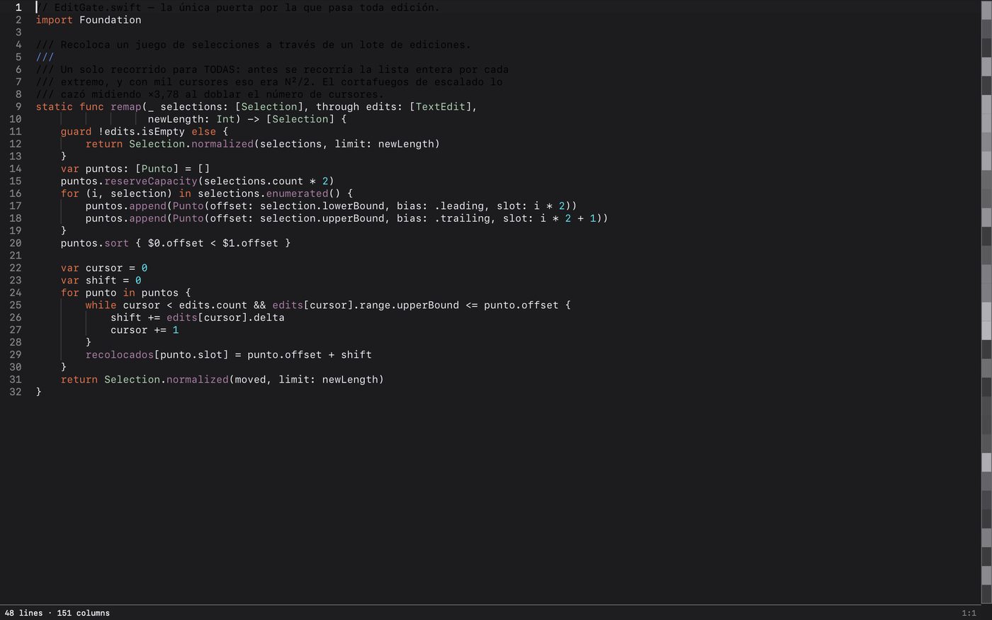 The Exhume editor showing a Swift file with syntax highlighting, indent guides, the structure ribbon down the right edge and the status bar.