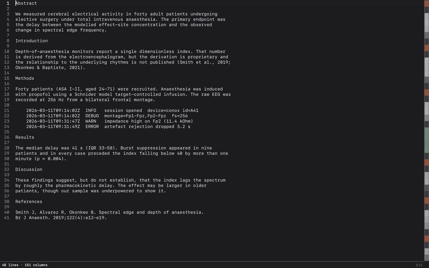 A manuscript open in Exhume: the structure ribbon marks abstract, introduction, methods and results, and an embedded log block is coloured differently from the prose around it.
