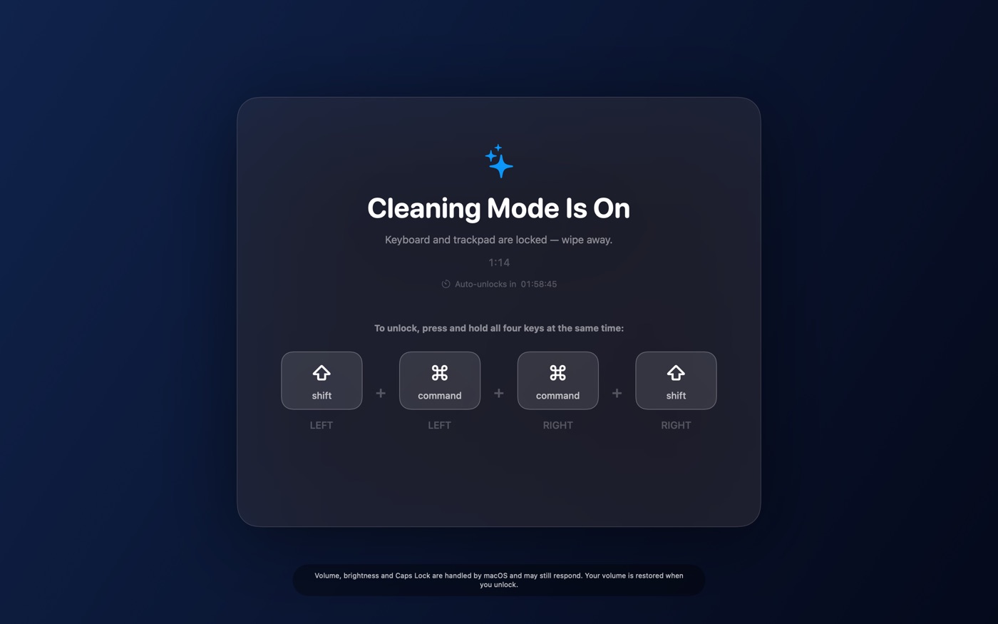 Cleaning mode: the desktop dimmed, with the four unlock keys and the auto-unlock countdown shown on a card.